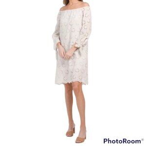 Valentina Naldi Off-Shoulder Eyelet Shift Dress in Sand